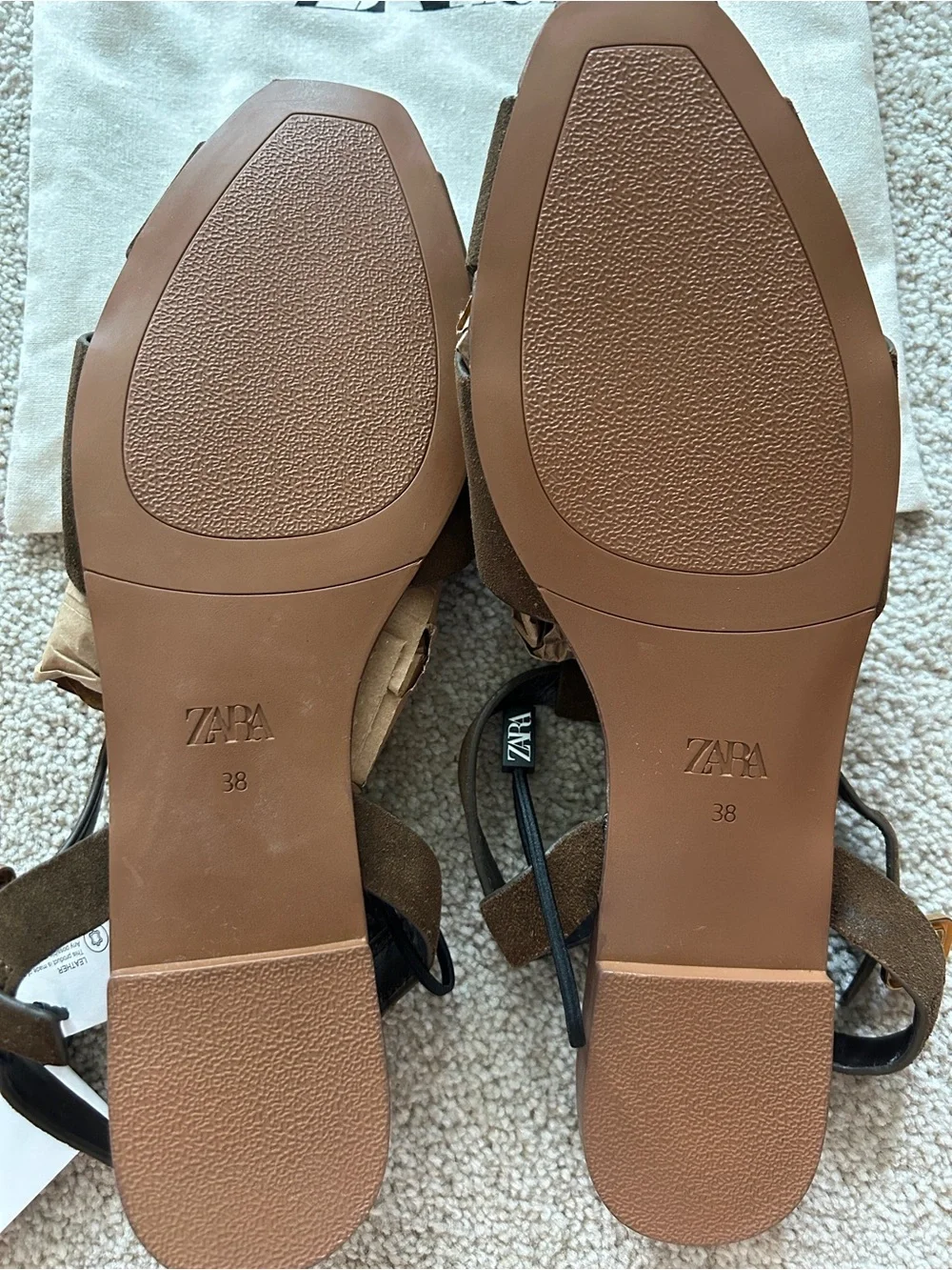 Zara Brown Suede Ankle-Wrap Sandals with Gold Buckle - Picture 3 of 4
